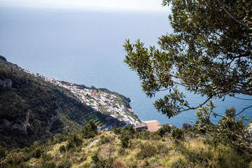 Beautiful view on Praiano from path of the Gods (Sentiero degli Dei) Trekking route from Agerola to Nocelle. Amalfi coast, Campagnia region, Italy