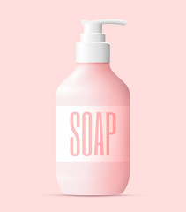 Realistic pink liquid soap bottle with white pump. Washing hands concept. Vector illustration