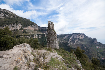 rock in the shape of a tooth on trekking route from Agerola to Nocelle in Amalfi coast, called 