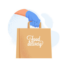 Couriers hand in blue protective glove holding delivery paper bag with food. Safe food delivery service during covid-19 quarantine. Vector illustration