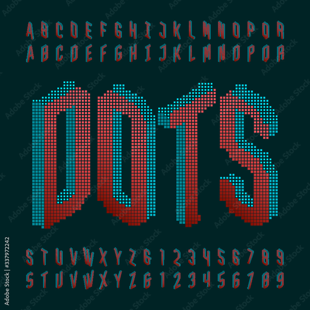 Poster dots alphabet font. digital isometric pixel letters and numbers. 80s retro style typescript.