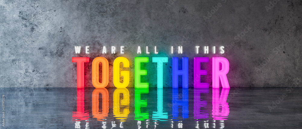 Wall mural WE'RE ALL IN THIS TOGETHER rainbow-colored text sign on concrete wall 3d render 3d illustration