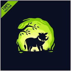 Warthog Wild Boar with tree and sky background safari zoo logo vector