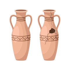 Whole and broken ancient amphora icon with two handles. Antique clay vase jar, Old traditional vintage pot. Ceramic jug archaeological artefact. Greek or Roman vessel pottery for wine or oil. Vector