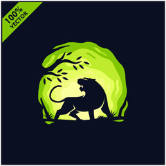 Tiger leopard with tree and sky background safari zoo logo vector	
