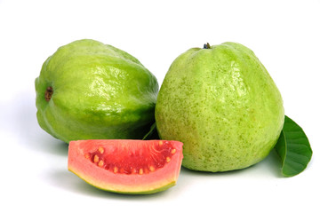 Fresh Psidium guajava / common guava / lemon guava sliced and raw fruit isolated on a white background