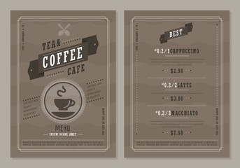 Coffee board menu. Design drink menu layout brochure or drink flyer template. Coffee brochure, cafe template design.