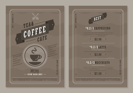 Coffee board menu. Design drink menu layout brochure or drink flyer template. Coffee brochure, cafe template design.