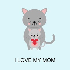Happy mother day. I love my mom. Greeting card. Celebration white background with cat, kitten and place for your text.