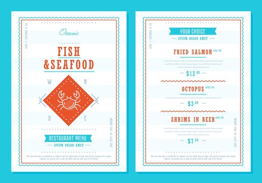 Seafood menu design. Fish restaurant menu layout design brochure or food flyer template. Seafood brochure, fish cafe template design.