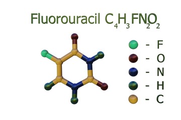 Structural chemical formula and molecular model of fluorouracil, an anti-cancer (antineoplastic or cytotoxic) chemotherapy drug. Medical background. Scientific background. 3d illustration