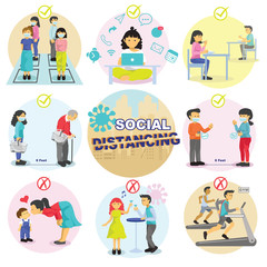 Fototapeta premium Flat design social distancing concept for preventing coronavirus covid-19, people wearing mask keep distance away