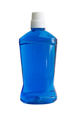 Blue water of mouthwash bottle isolate on white background