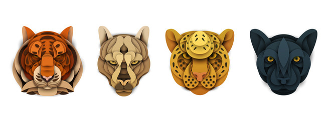 Set of cartoon wild animal head in trendy paper cut craft graphic style. Tiger, cougar, leopard, panther. Modern design for advertising cover, poster, banner. Vector illustration