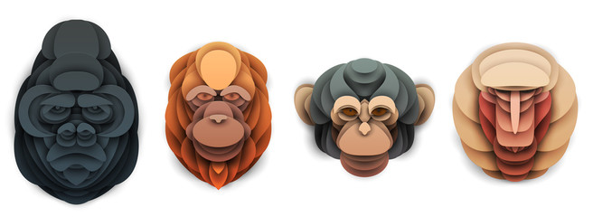 Set of cartoon wild monkey head in trendy paper cut craft graphic style. Gorilla, orangutan, chimpanzee, baboon. Modern design for advertising cover, poster, banner. Vector illustration
