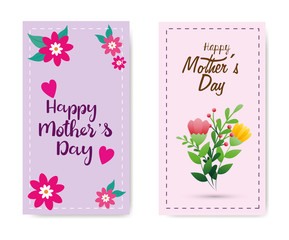 set cards of happy mother day with flowers decoration vector illustration design