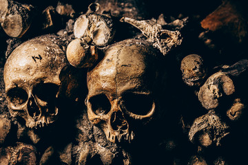 bones and skulls in the catacombs. Killed by war. There are so many bones, mountains of stacked bones