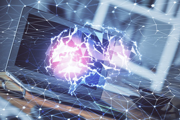 Double exposure of work table with computer and brain sketch hologram. Brainstorming concept.