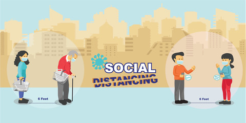 Flat design social distancing concept for preventing coronavirus covid-19, people wearing mask keep distance away