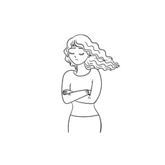 Black-white young woman is sad on a white background.The sad girl crossed her arms over her chest.The concept of depression, bullying, loneliness, isolation.Isolated vector stock illustration.