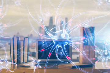 Desktop computer background and neuron drawing. Double exposure. Education concept.