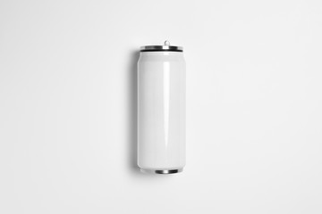 White metal Thermo tumbler flask on white background. Design template of packaging Mock-up for graphics.High-resolution photo.Top view.