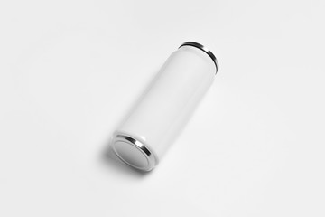 White metal Thermo tumbler flask on white background. Design template of packaging Mock-up for graphics.High-resolution photo.Top view.