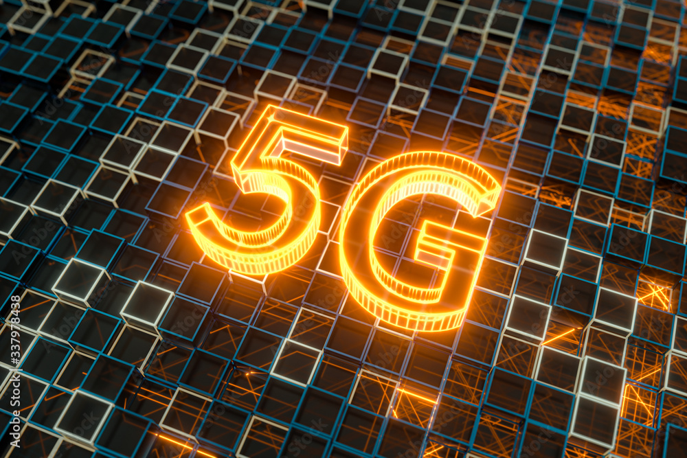Poster font 5g with sci-fi square background, 3d rendering.