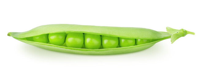 Closeup of green pea pod with beans isolated on a white background.