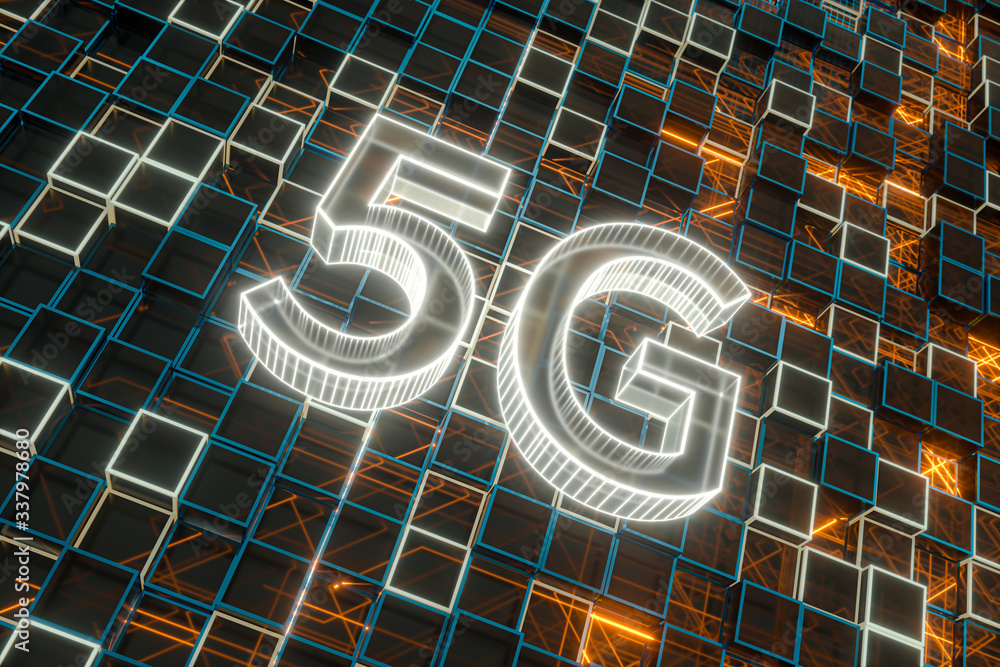 Poster font 5g with sci-fi square background, 3d rendering.