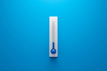 Blank template of Celsius and Fahrenheit thermometer on blue background with low temperature or winter concept. 3D rendering.