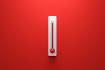 Blank template of Celsius and Fahrenheit thermometer on red background with high temperature or summer concept. 3D rendering.