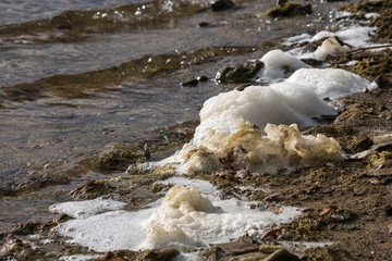 Unknown suspicious white foam in the Ullibarri-Gamboa drinking water reservoir, Alava, Basque Country, Spain, November 24, 2018