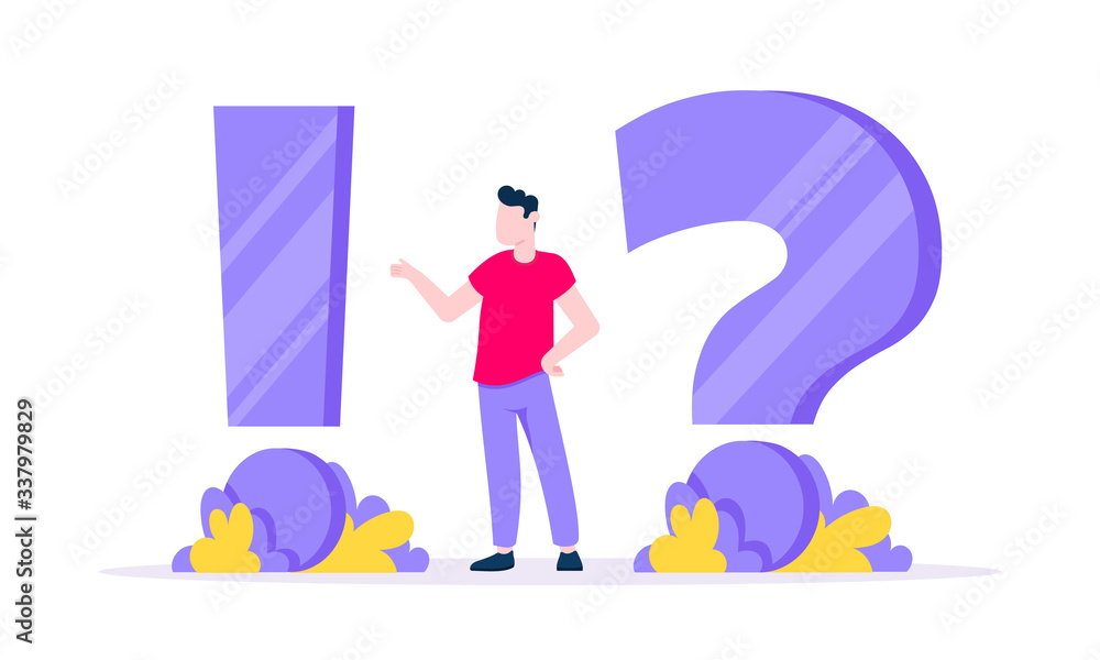 Poster q and a concept with tiny man people character with big question mark, frequently asked questions co