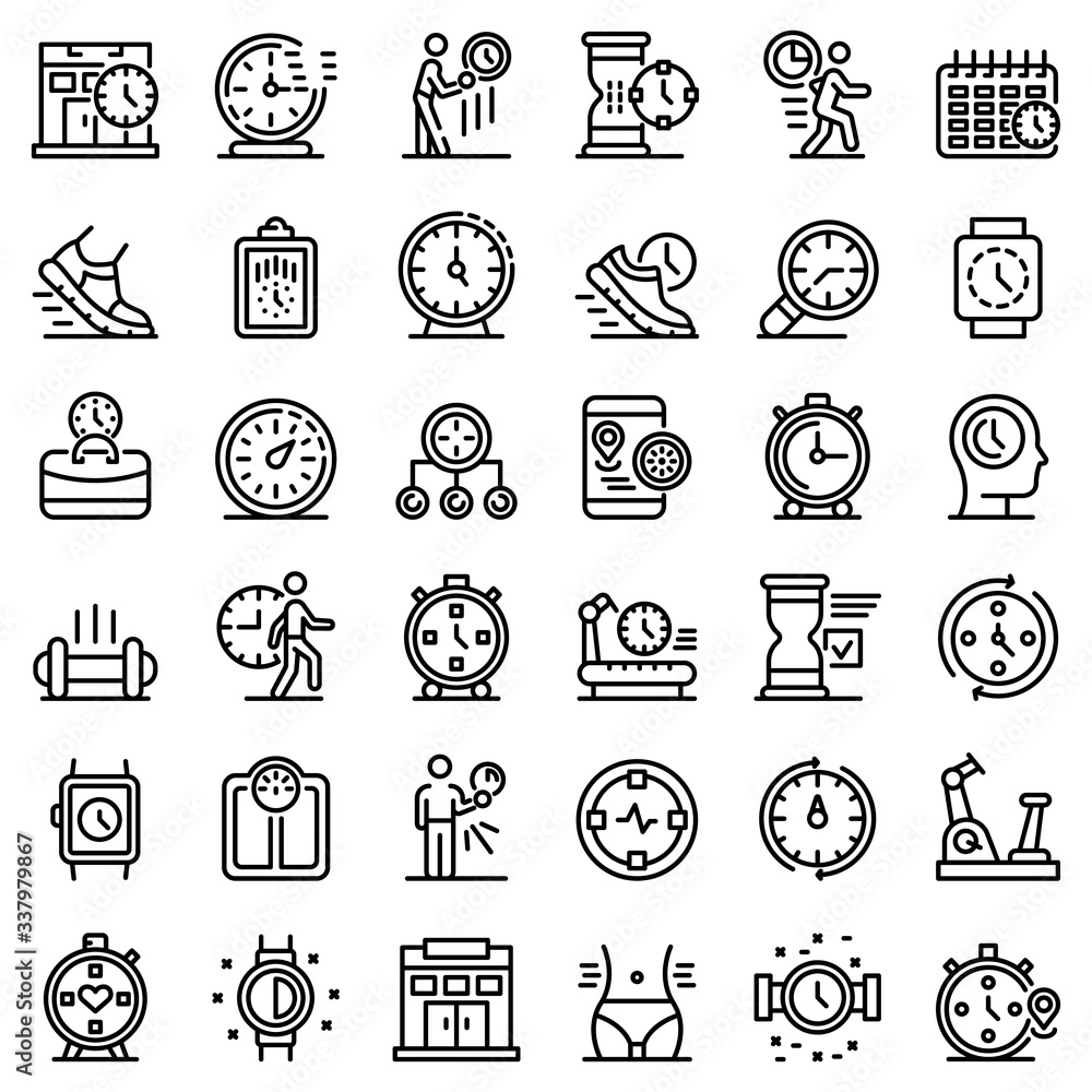 Poster gym time icons set. outline set of gym time vector icons for web design isolated on white background