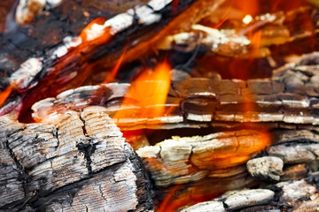 a Fire with coals and fire on nature picnic background. Burns out a bonfire for food on the street