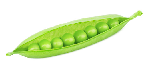 Closeup of green pea pod with beans isolated on a white background.