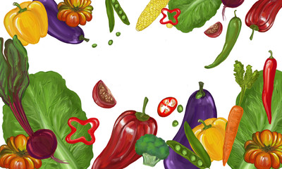 Vegetables border. Hand drawn stock illustration fresh colorful vegetables. Design for packaging, fabric, textile, paper, frame. Healthy vegetarian raw food. Isolated on white background. 