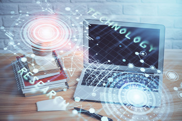 Technology theme drawing and table with computer. Double exposure. Concept of information.