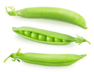 Set of whole and opened pea pods with beans isolated on a white background.