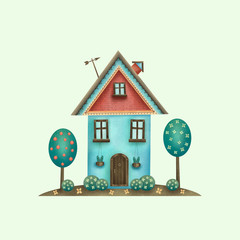 Sweet house illustration with trees and flowers.