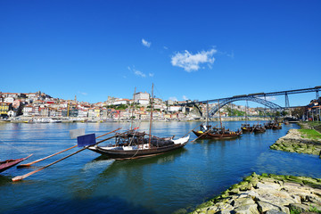 Rabelos boats in Douro river near to the Dom Luis bridge, Porto Portugal .PORTO, PORTUGAL, MARCH...