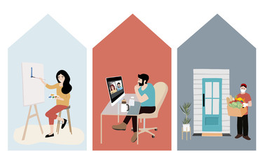 people who freelancers is planting and working on laptop and computer at home.Woman and man at home in quarantine