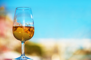 Reflection of Porto city in a white wine glass,Copy space, shallow doff, soft focus