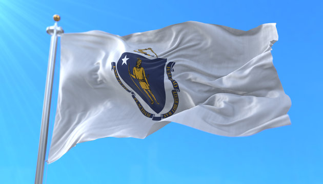 Flag of american state of Massachusetts, region of the United States, waving at wind
