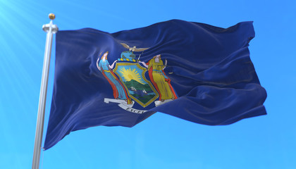 Flag of american state of New York, region of the United States, waving at wind