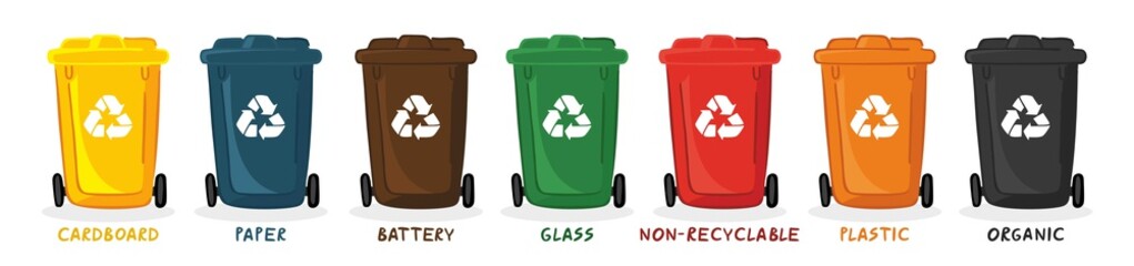 Set of decorative colored plastic bins for separate garbage. Collection of containers for sorting waste. Concept of eco living, green thinking, conscious consumption. Flat cartoon vector illustration.