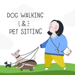 A girl walks with dogs. Animal walking services. Sitter for dogs, color vector illustration in flat style - 337985000
