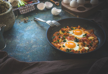Tasty fried eggs in tomato sauce in black pan with fork on dark rustic kitchen background. Shakshuka. Traditional cuisine. Breakfast.