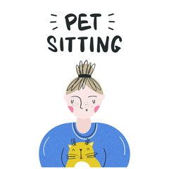 The girl is sitting with the cats. Services for the care of animals - pet sitting. Vector color illustration in flat style - 337985056